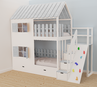 Etagenbetthaus für 2 Kids+Kletterwand